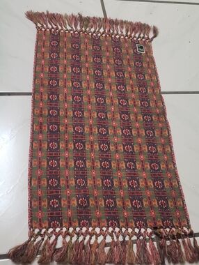 Brand new silk woven "wako" patterned fringe Scarf , brown green red
